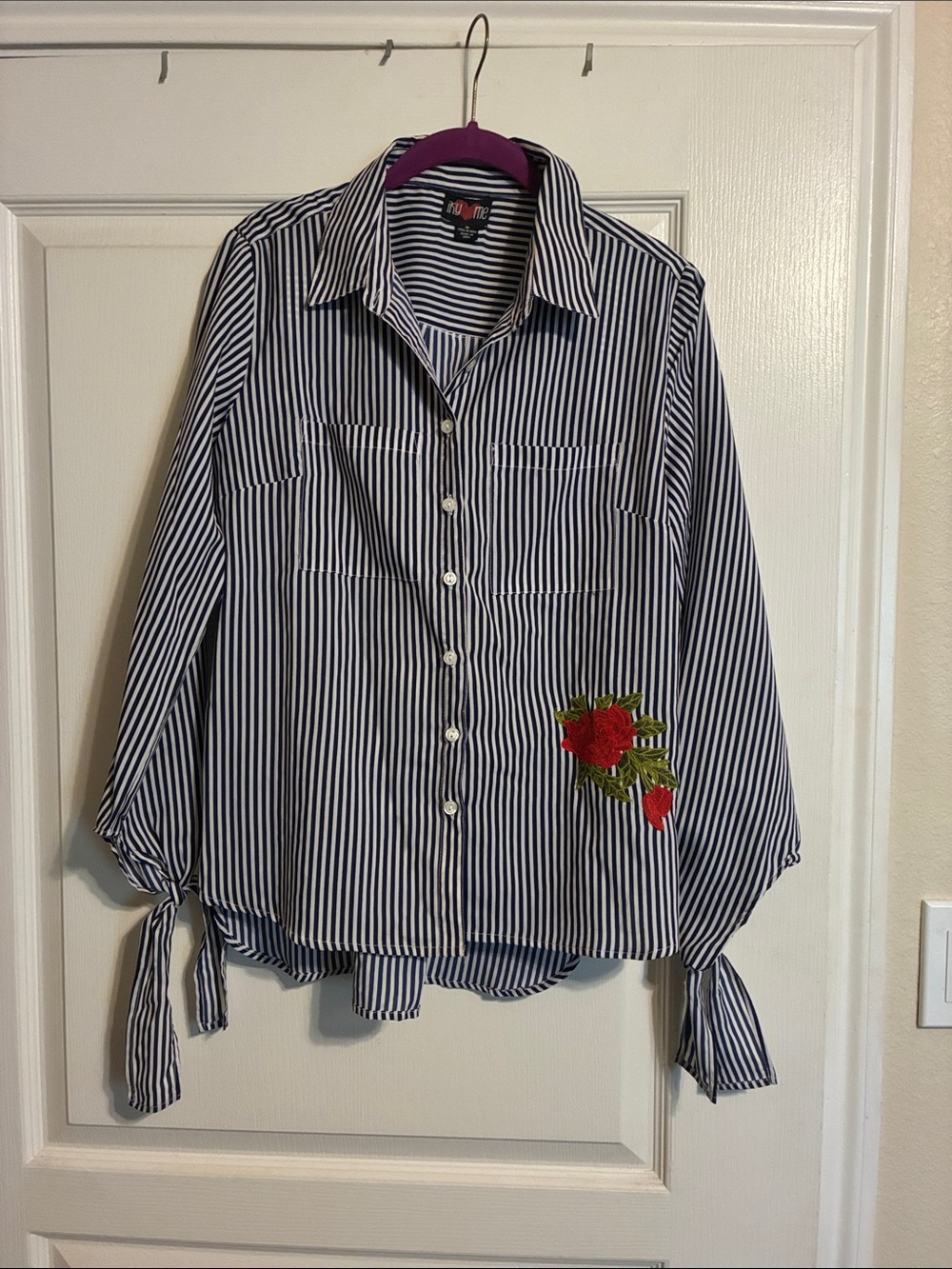 Striped Button-Down Shirt with Rose Embroidery - Navy/White